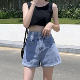 Ingvn - Black Denim Double-Breasted Shorts Women Summer Hot Girls College All-Match Solid Younger