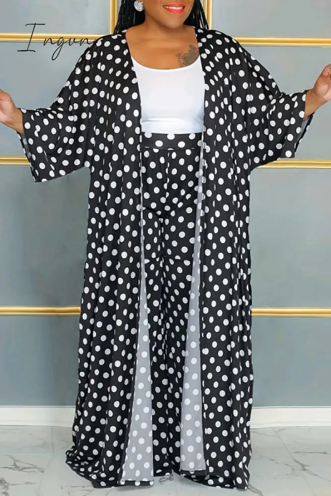 Ingvn - Black Elegant Dot Patchwork Plus Size Two Pieces Plus Size