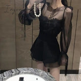 Ingvn - Black French Retro Top Women Summer Long Sleeve Mesh Shirt Sexy Slimming Blusas De Mujer