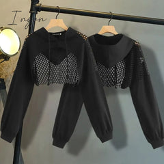 Ingvn - Black Hoodies For Women Hollow Out Crop Tops Mesh Patchwork Short Sweatshirt Long Sleeve