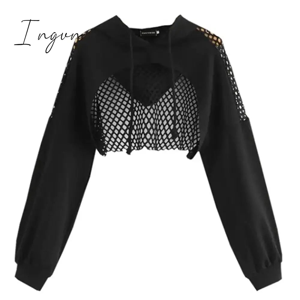 Ingvn - Black Hoodies For Women Hollow Out Crop Tops Mesh Patchwork Short Sweatshirt Long Sleeve