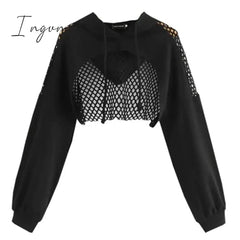 Ingvn - Black Hoodies For Women Hollow Out Crop Tops Mesh Patchwork Short Sweatshirt Long Sleeve