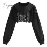 Ingvn - Black Hoodies For Women Hollow Out Crop Tops Mesh Patchwork Short Sweatshirt Long Sleeve