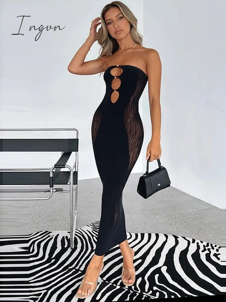 Ingvn - Black Lace Sexy Party Dresses Women Knee-Length Skinny Hole Hollow Out Backless Tube