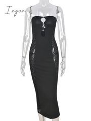 Ingvn - Black Lace Sexy Party Dresses Women Knee-Length Skinny Hole Hollow Out Backless Tube