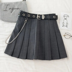Ingvn - Black Pleated Skirt With Chain - Belt Punk Rock Girl Cheerleading Belted Mini Alt Women E -