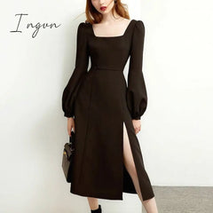 Ingvn - Black Retro Split Dress Women Elegant Midi Designer Female Long Sleeve Hepburn Style