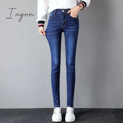 Ingvn - Black Women Autumn Washed Jeans Mid Waist Y2K Cotton Fashion Chic All - Match Pants Slim