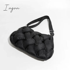 Ingvn - Black Woven Design Padded Shoulder Hobo Bag Cotton Down Crossbody Puffer Purse Big Women