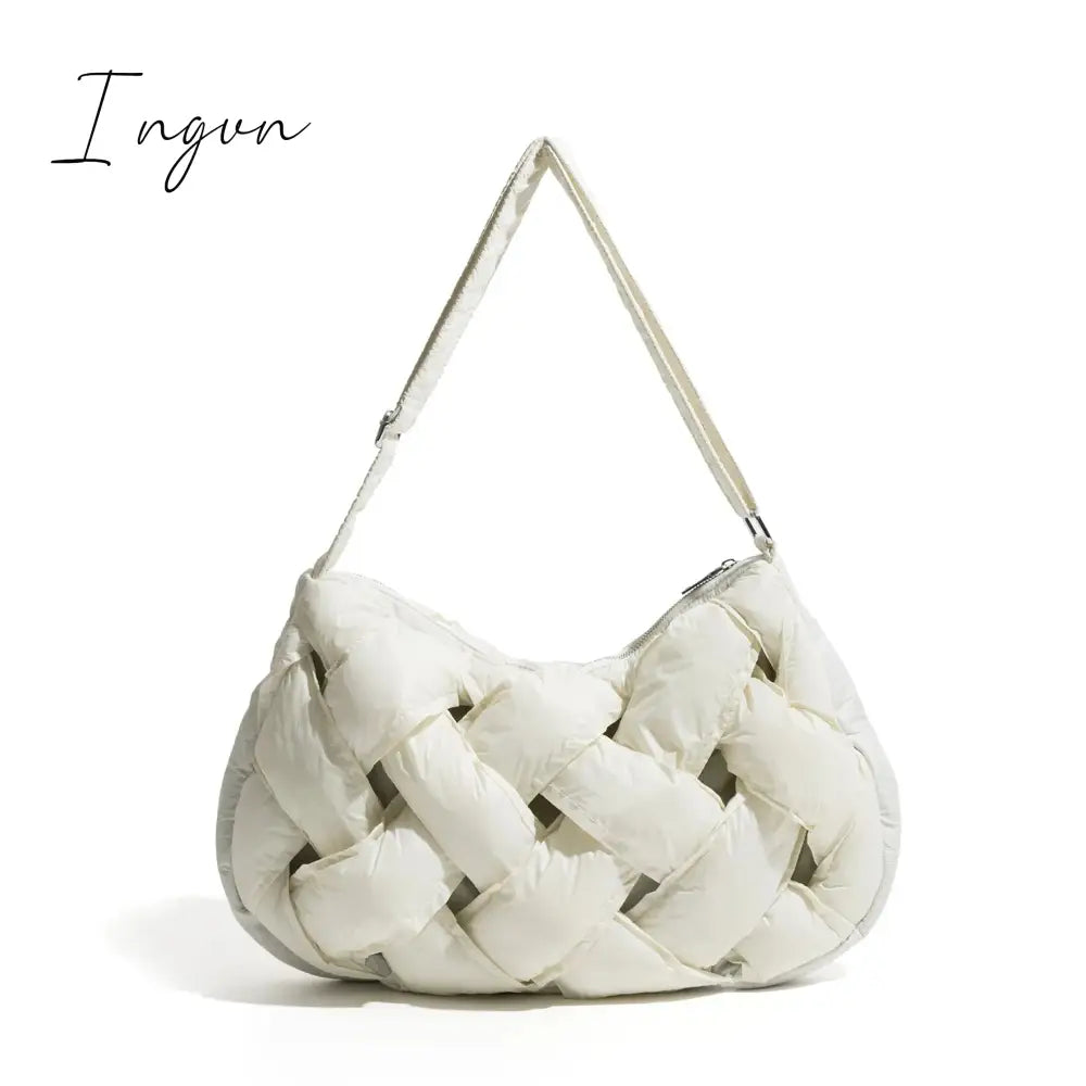 Ingvn - Black Woven Design Padded Shoulder Hobo Bag Cotton Down Crossbody Puffer Purse Big Women