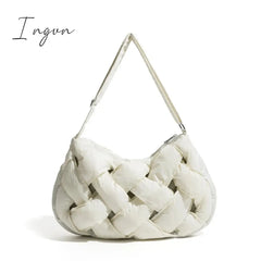 Ingvn - Black Woven Design Padded Shoulder Hobo Bag Cotton Down Crossbody Puffer Purse Big Women
