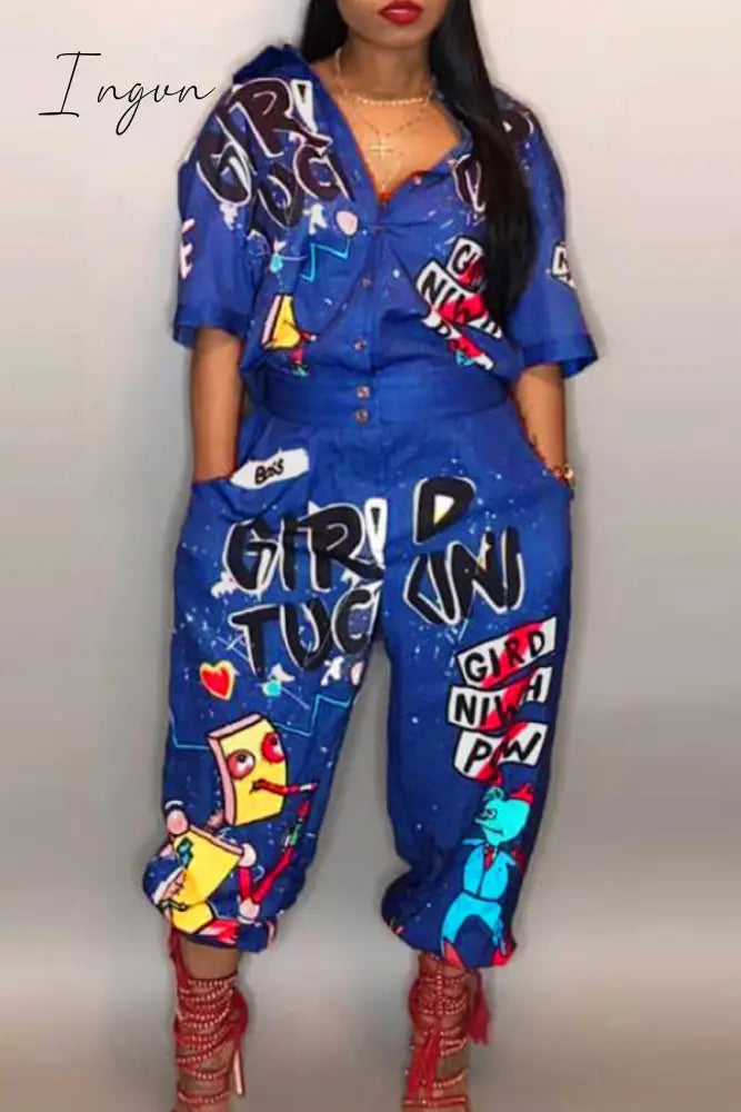 Ingvn - Blue Casual Street Print Patchwork Pocket Buckle Turndown Collar Plus Size Jumpsuits Plus