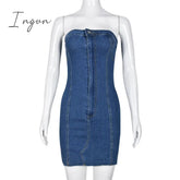 Ingvn - Blue Strapless Denim Mini Dress Women Sexy Off Shoulder Backless Y2K Sheath Tube Dresses