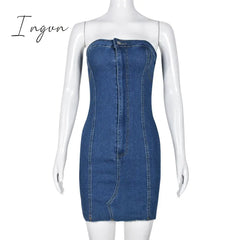 Ingvn - Blue Strapless Denim Mini Dress Women Sexy Off Shoulder Backless Y2K Sheath Tube Dresses