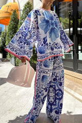 Ingvn - Bohemian College Floral Patchwork O Neck Long Sleeve Two Pieces Pieces/Two-Piece Pants Set