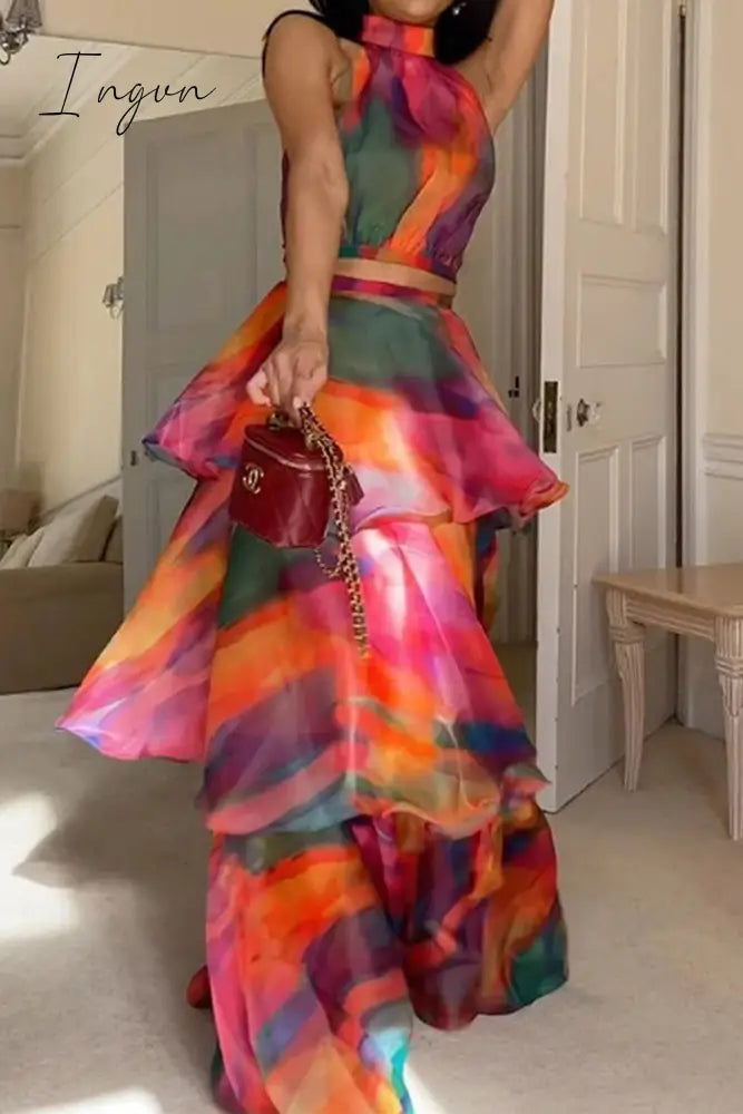 Ingvn - Bohemian College Gradual Change Tie-Dye Halter Cake Skirt Dresses Dresses/Boho