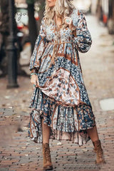 Ingvn - Bohemian Vintage Floral Frenulum V Neck Printed Dress Dresses Dresses/Boho
