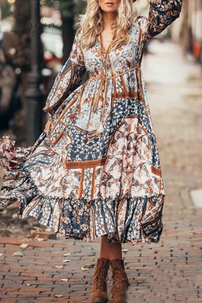 Ingvn - Bohemian Vintage Floral Frenulum V Neck Printed Dress Dresses Dresses/Boho