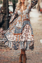Ingvn - Bohemian Vintage Floral Frenulum V Neck Printed Dress Dresses Dresses/Boho