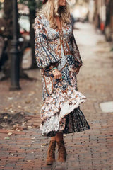 Ingvn - Bohemian Vintage Floral Frenulum V Neck Printed Dress Dresses Dresses/Boho