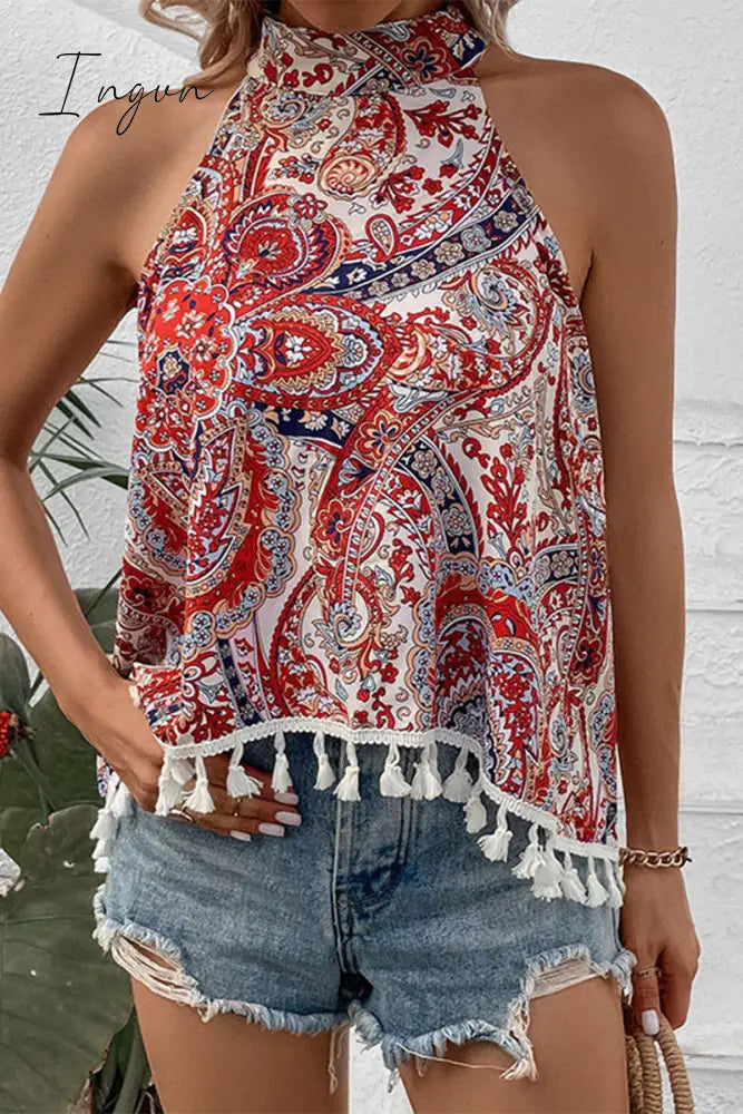 Ingvn - Bohemian Vintage Geometric Print Tassel Asymmetrical Halter Tops Tops/Tank & Camis