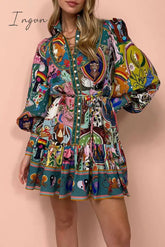 Ingvn - Bohemian Vintage Print Bandage Buckle Mandarin Collar Pleated Dresses Multicolor / S