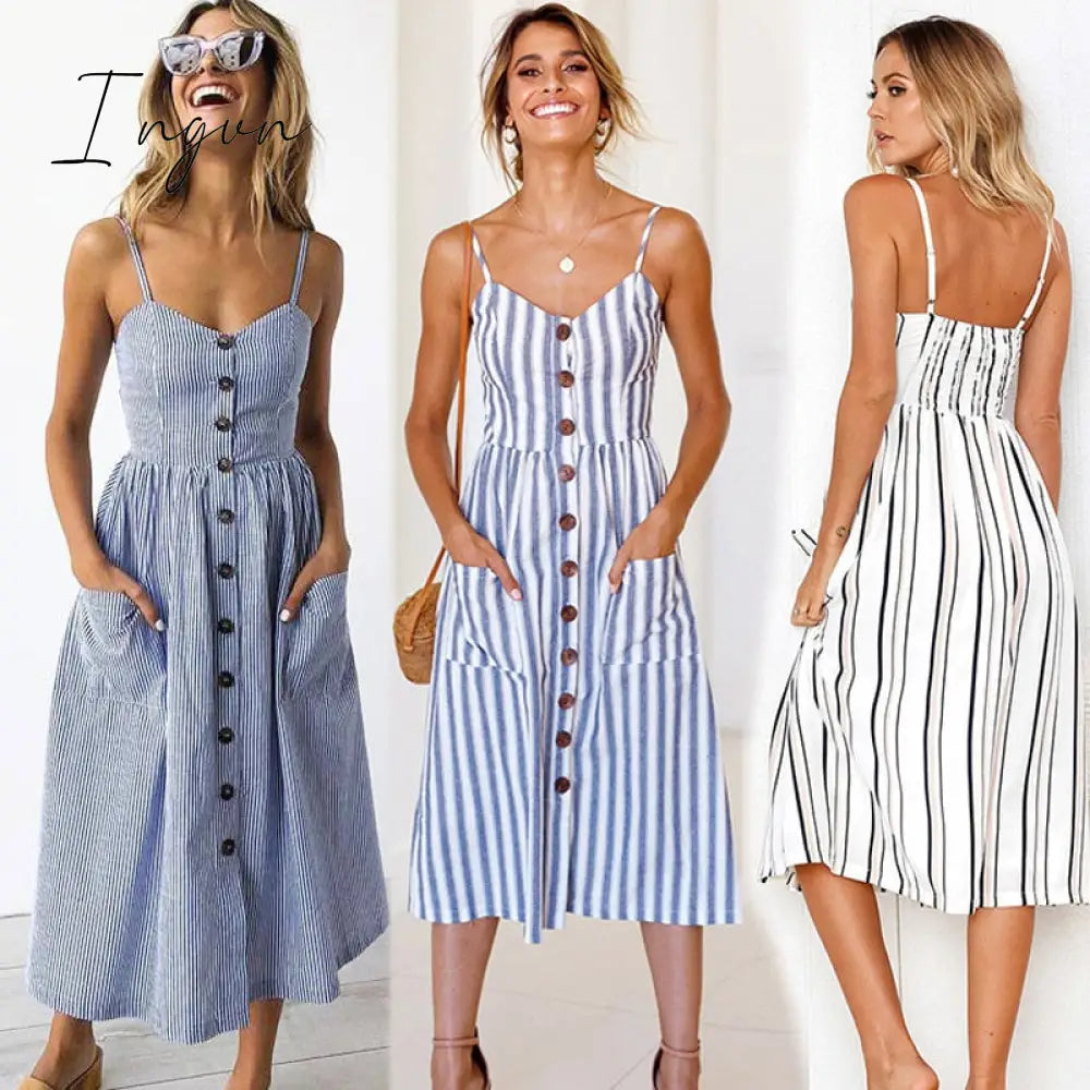 Ingvn - Boho Sexy Floral Dress Summer Vintage Casual Sundress Female Beach Midi Button Backless