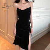Ingvn - Brand New Women Dress Spaghetti Strap Slit Velvet Black Sexy Bodycon Bandage Midi Party