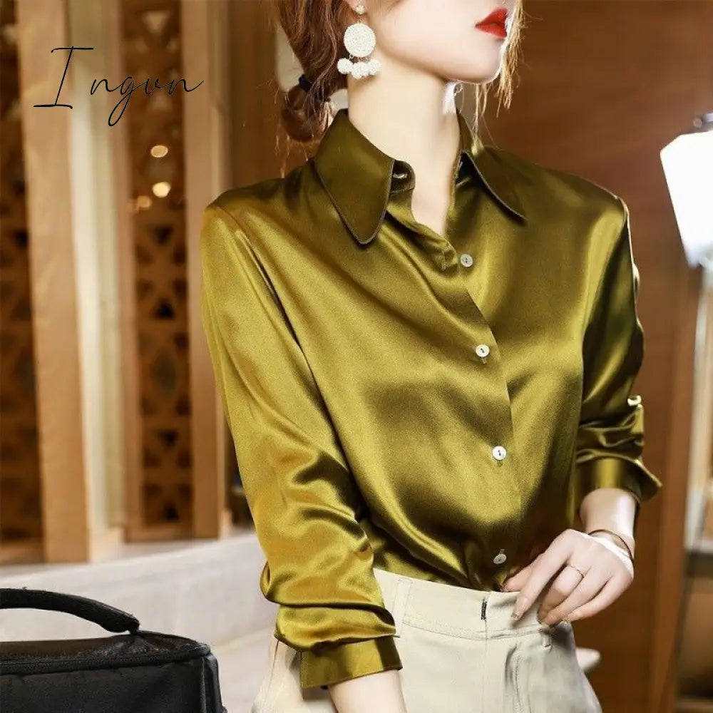 Ingvn - Brand Quality Luxury Women Shirt Elegant Office Button Up Long Sleeve Shirts Momi Silk