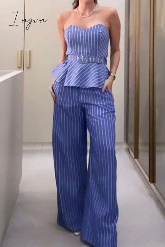 Ingvn - British Style Celebrities Striped With Belt Strapless Sleeveless Two Pieces