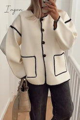 Ingvn - British Style Elegant Solid Patchwork Pocket O Neck Outerwear