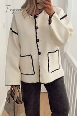 Ingvn - British Style Elegant Solid Patchwork Pocket O Neck Outerwear White / Xs