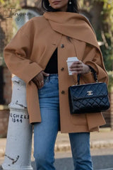 Ingvn - British Style Elegant Solid Pocket Buttons Scarf Collar Outerwear Outerwear/Coats & Cardigan