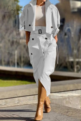 Ingvn - British Style Elegant Solid Pocket Buttons Turndown Collar Long Sleeve Two Pieces White / S
