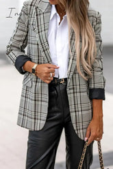 Ingvn - British Style Plaid Patchwork Turn-Back Collar Outerwear Grey / S Outerwear/Suit Jacket