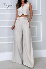 Ingvn - British Style Simplicity Striped Pocket Buttons V Neck Sleeveless Two Pieces