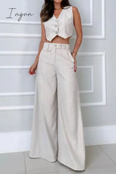 Ingvn - British Style Simplicity Striped Pocket Buttons V Neck Sleeveless Two Pieces White / S