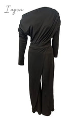 Ingvn - British Style Solid Backless Asymmetrical Oblique Collar Regular Jumpsuits(3 Colors)