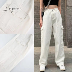 Ingvn - Brown Vintage Baggy Jeans Women 90S Streetwear Pockets Wide Leg Cargo Pants Y2K Low Waist