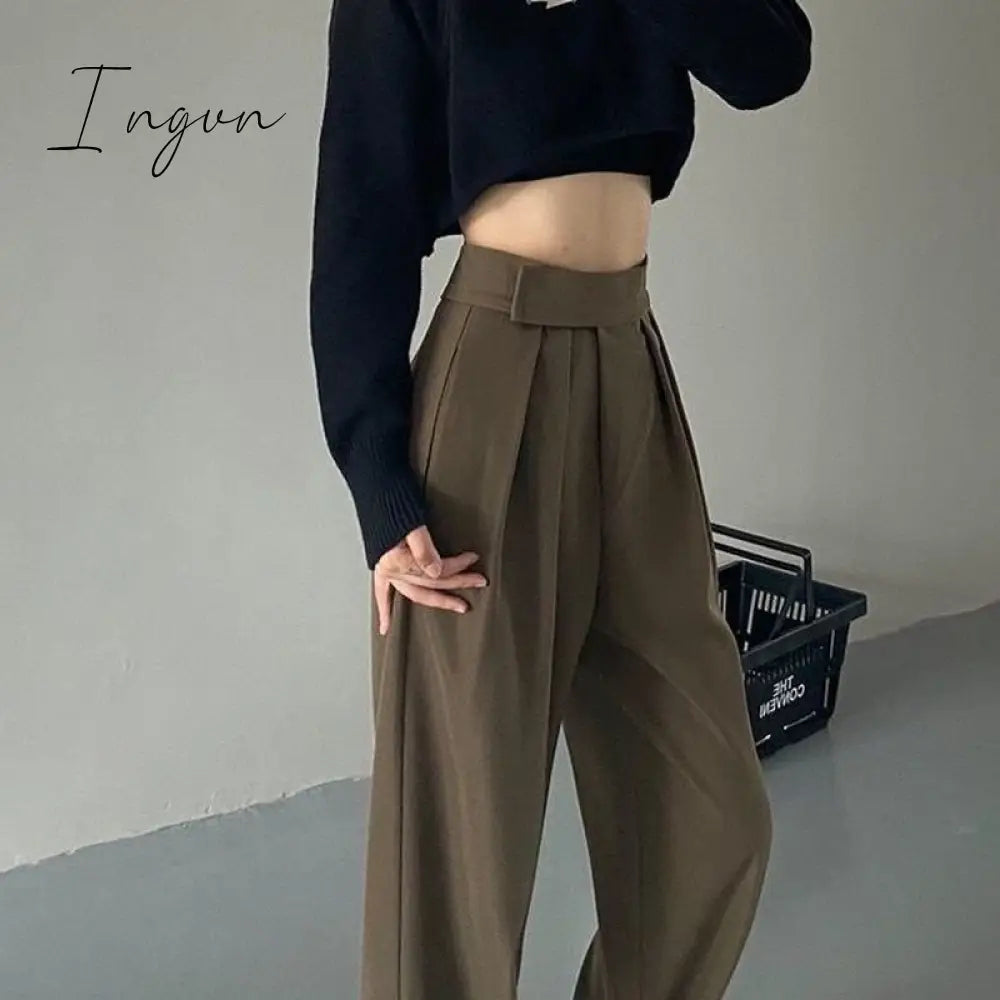 Ingvn - Brown Wide Leg Women’s Classic Suit Pants Vintage Palazzo Office Elegant Casual Balck