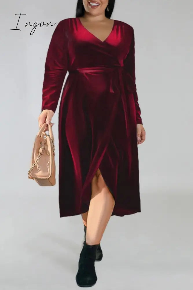 Ingvn - Burgundy Casual Solid Frenulum V Neck Long Sleeve Plus Size Dresses Plus Size