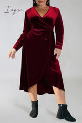 Ingvn - Burgundy Casual Solid Frenulum V Neck Long Sleeve Plus Size Dresses Plus Size