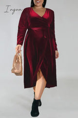 Ingvn - Burgundy Casual Solid Frenulum V Neck Long Sleeve Plus Size Dresses / Xl Plus Size