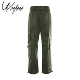 Ingvn - Button Pockets Patchwork Cargo Pants Women Streetwear High Waist Trousers Fashion Pencil