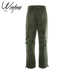 Ingvn - Button Pockets Patchwork Cargo Pants Women Streetwear High Waist Trousers Fashion Pencil