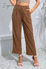 Ingvn - Buttoned Straight Hem Long Pants Coffee Brown / S