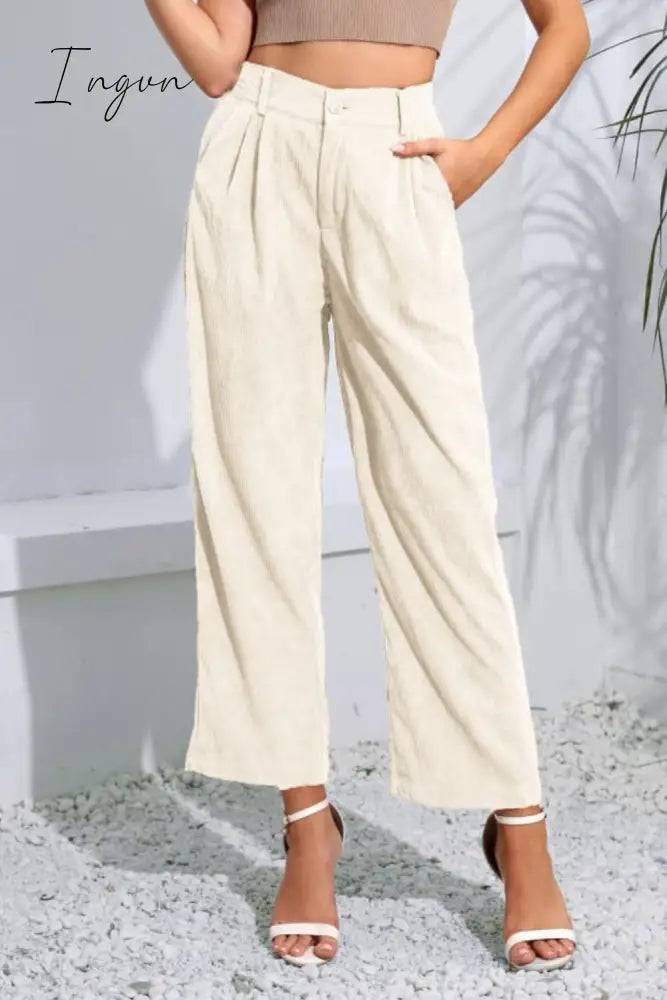 Ingvn - Buttoned Straight Hem Long Pants Ivory / S