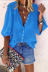 Ingvn - Buttons Design Lace-Up Red Blouse S / Blue Tops