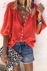 Ingvn - Buttons Design Lace-Up Red Blouse S / Tops