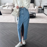 Ingvn - Cargo Jeans Skirt For Women High Waisted Side Pockets Split Fashion Midi Vintage Casual